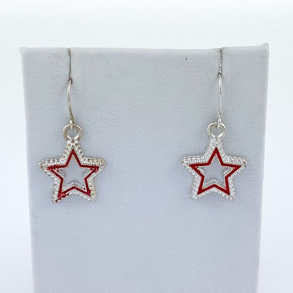 Silver Tone Red Framed Star Dangle Fishhook Earrings - Picture 3 of 9